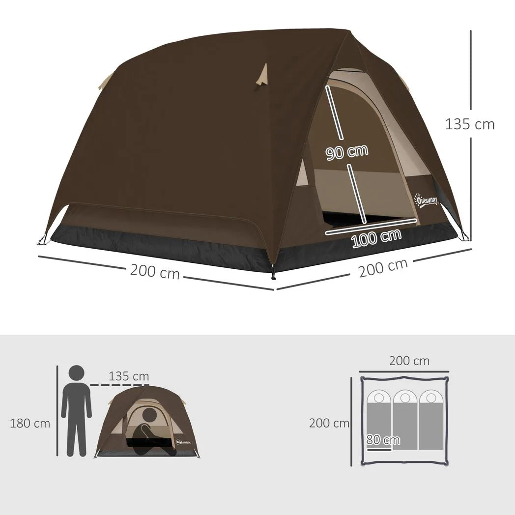 Outsunny 2-3 Man Dome Camping Tent with Sewn-in Groundsheet & Mesh Windows – Easy Set Up, 3000mm, Brown