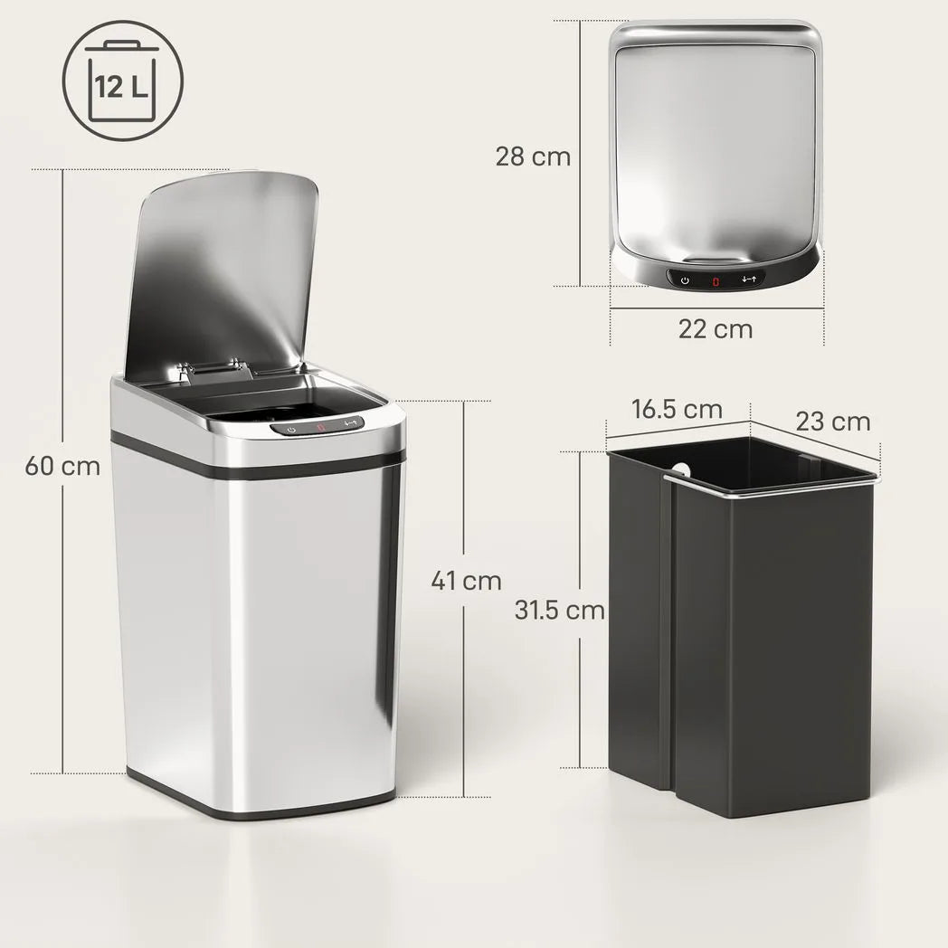HOMCOM 12L Automatic Sensor Bin with Fingerprint-Resistant Stainless Steel – Touchless Kitchen Bin, Silver