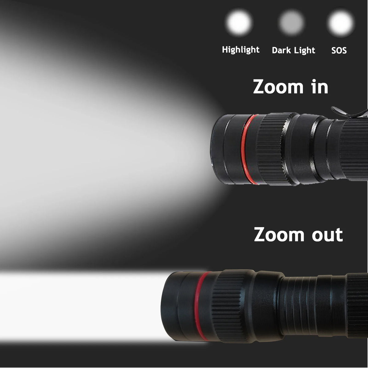 2-Pack USB Rechargeable Mini LED Torches – Adjustable Focus, 3 Lighting Modes, Aluminium, Black