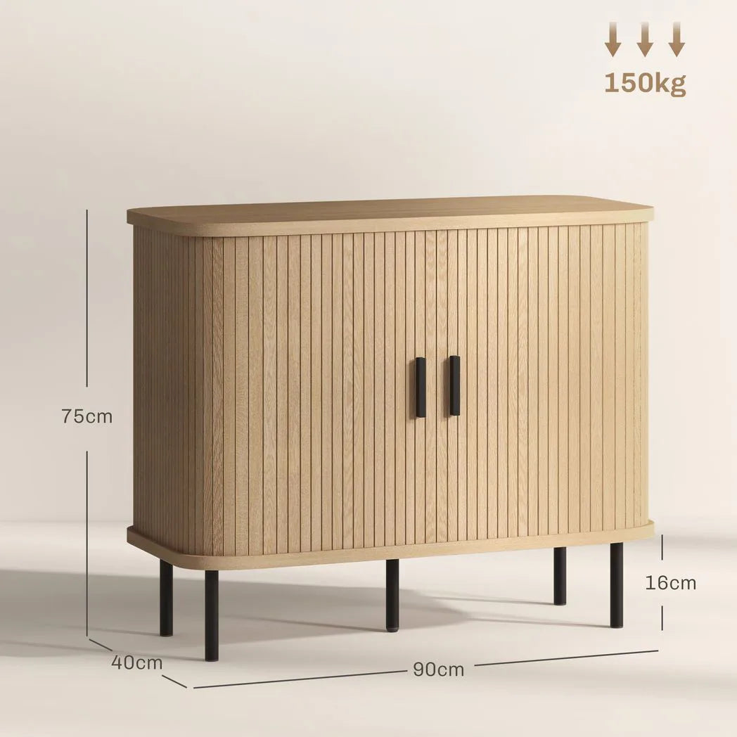 HOMCOM Mid-Century Sideboard with Slatted Tambour Sliding Doors & Steel Legs – Oak Tone
