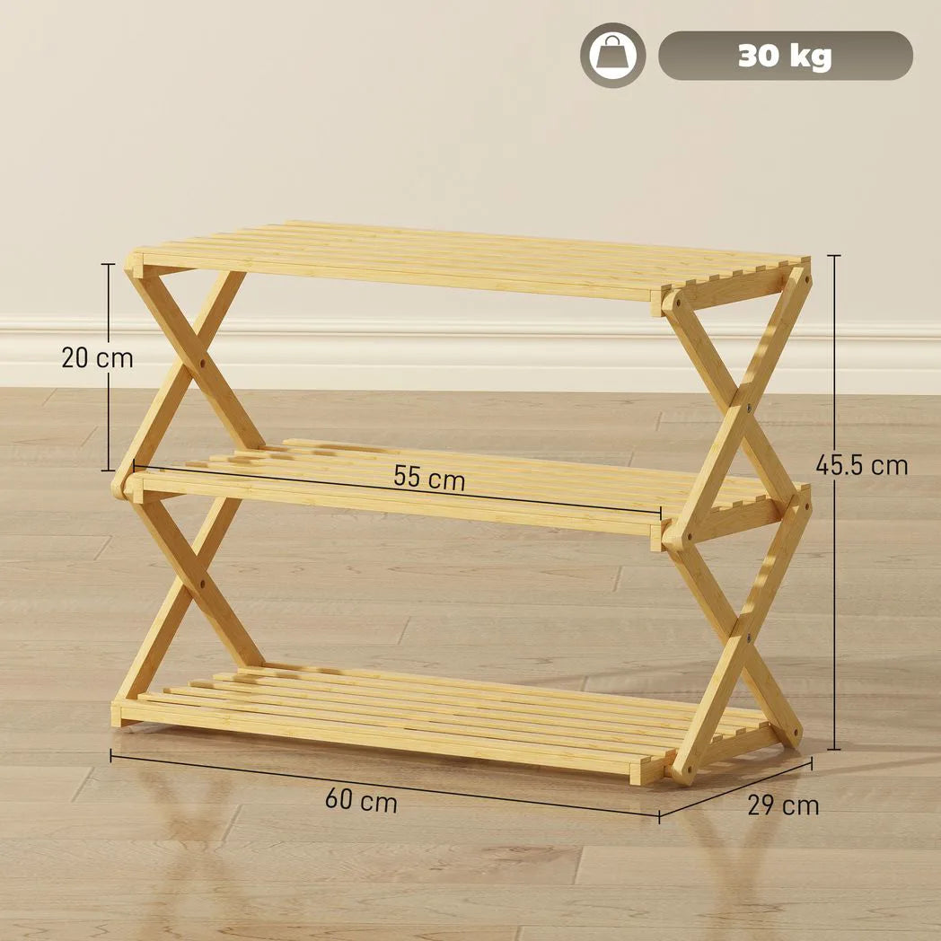 HOMCOM 3-Tier Folding Bamboo Shoe Rack – Holds 9 Pairs, No Assembly, Natural