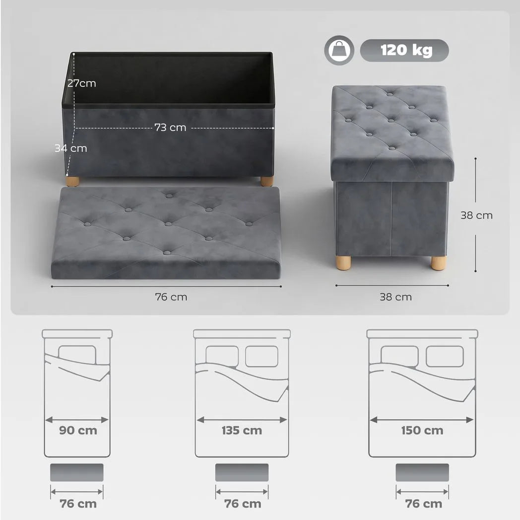 HOMCOM Velvet Upholstered Foldable Storage Ottoman Bench with Wood Legs, 67L – Footrest for Living Room, Grey