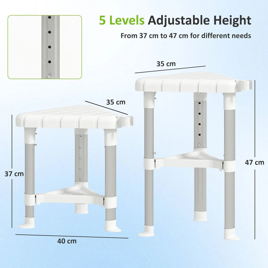 HOMCOM Corner Shower Stool with Storage Shelf, Aluminium Frame and HDPE Seat – Height Adjustable Chair, White