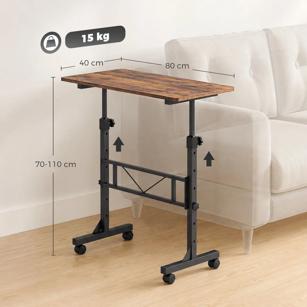 HOMCOM Overbed Table with 6 Adjustable Heights & Lockable Wheels – 80 x 40 cm Sofa Side Table, Rustic Brown