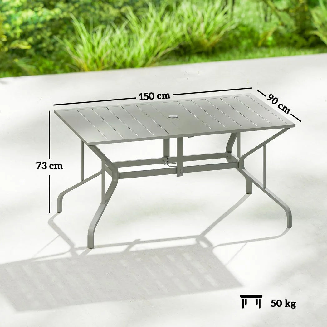 Outsunny Rectangular Garden Dining Table for 6 with Parasol Hole, Galvanised Steel, 150 x 90cm, Light Grey