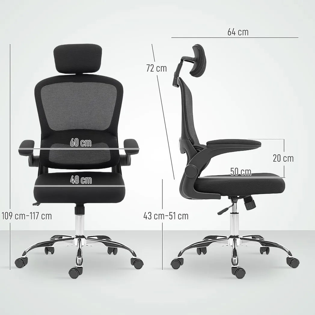 HOMCOM Mesh Back Office Chair with Lumbar Support, Flip-Up Armrests & Rocking – Desk Chair, Black
