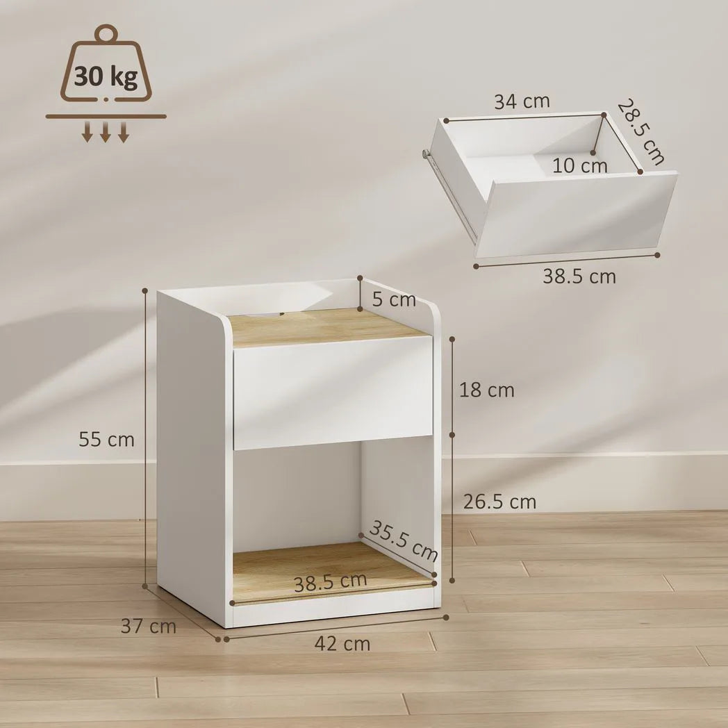 HOMCOM Slim Bedside Table with Drawer, Open Shelf and Cable Holes – Compact Nightstand, White and Oak
