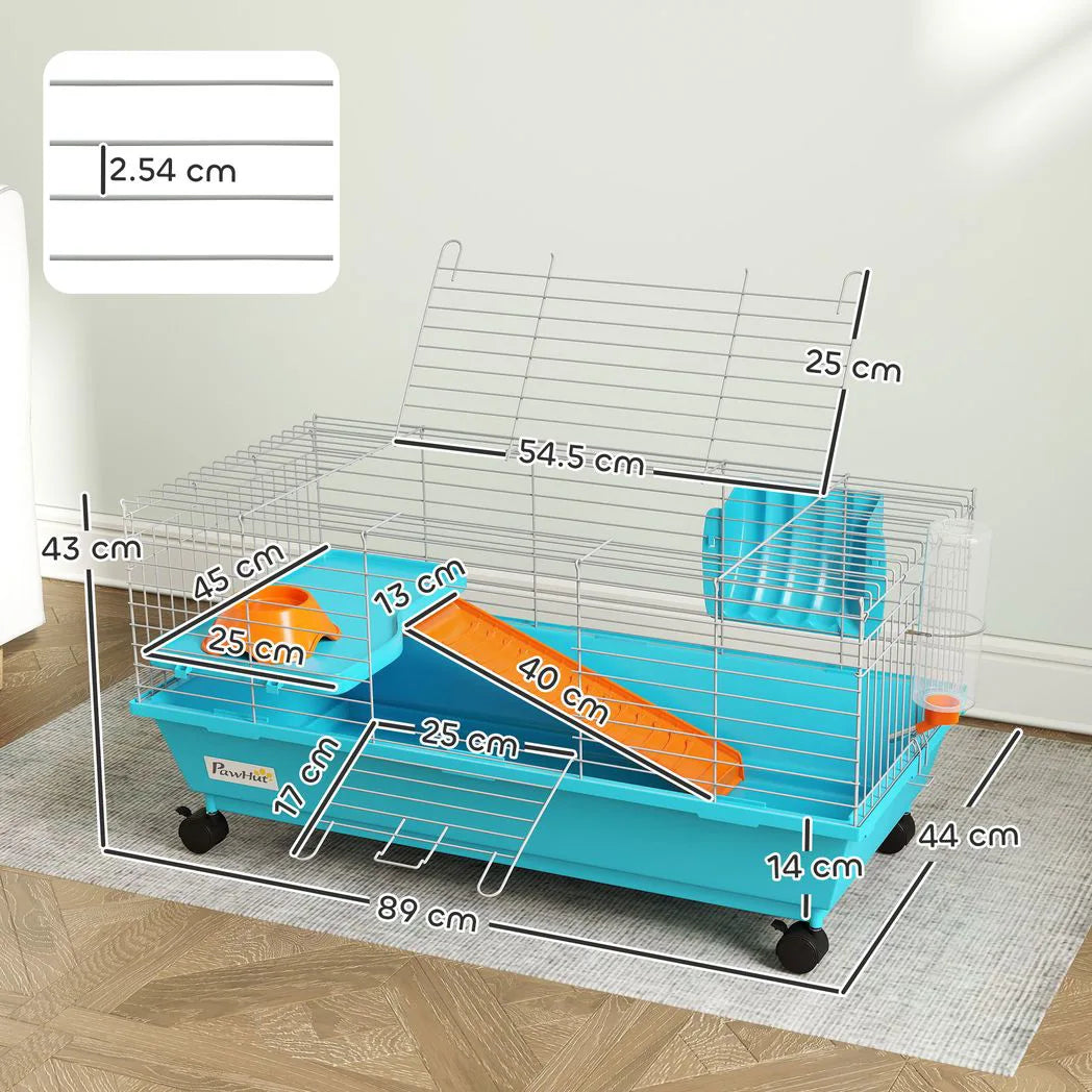 PawHut Small Animal Cage on Wheels with Water Bottle and Ramp – Rabbit and Guinea Pig Hutch, 89cm