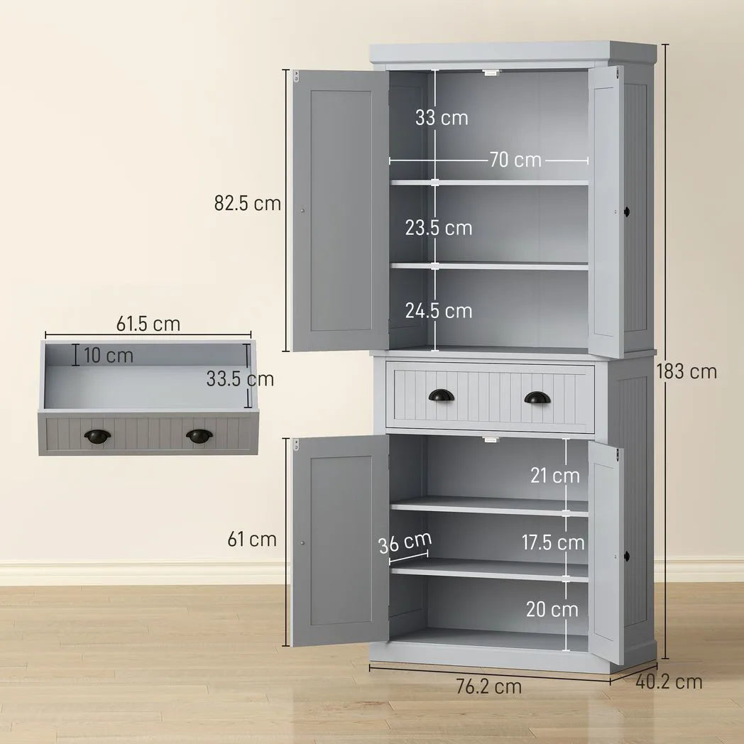 HOMCOM Mid-Century Kitchen Cabinet with Sliding Drawer and Adjustable Shelves – Larder Cupboard, Grey