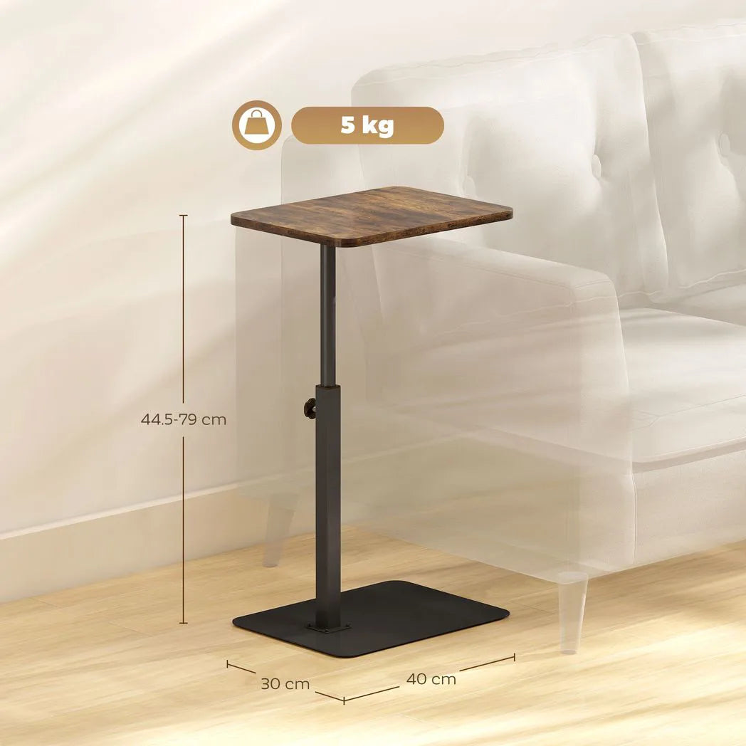 HOMCOM C Shaped Side Table with Adjustable Height 44.5–79 cm – Small End Table with Metal Base, Rustic Brown