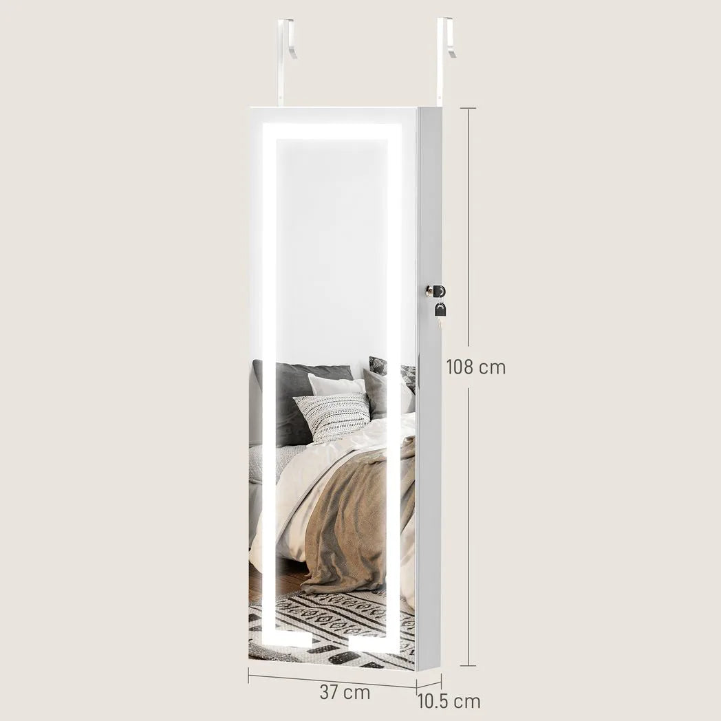 HOMCOM Wall Mounted LED Mirror Jewellery Cabinet, Full Length and Lockable – Over-Door Organiser, White