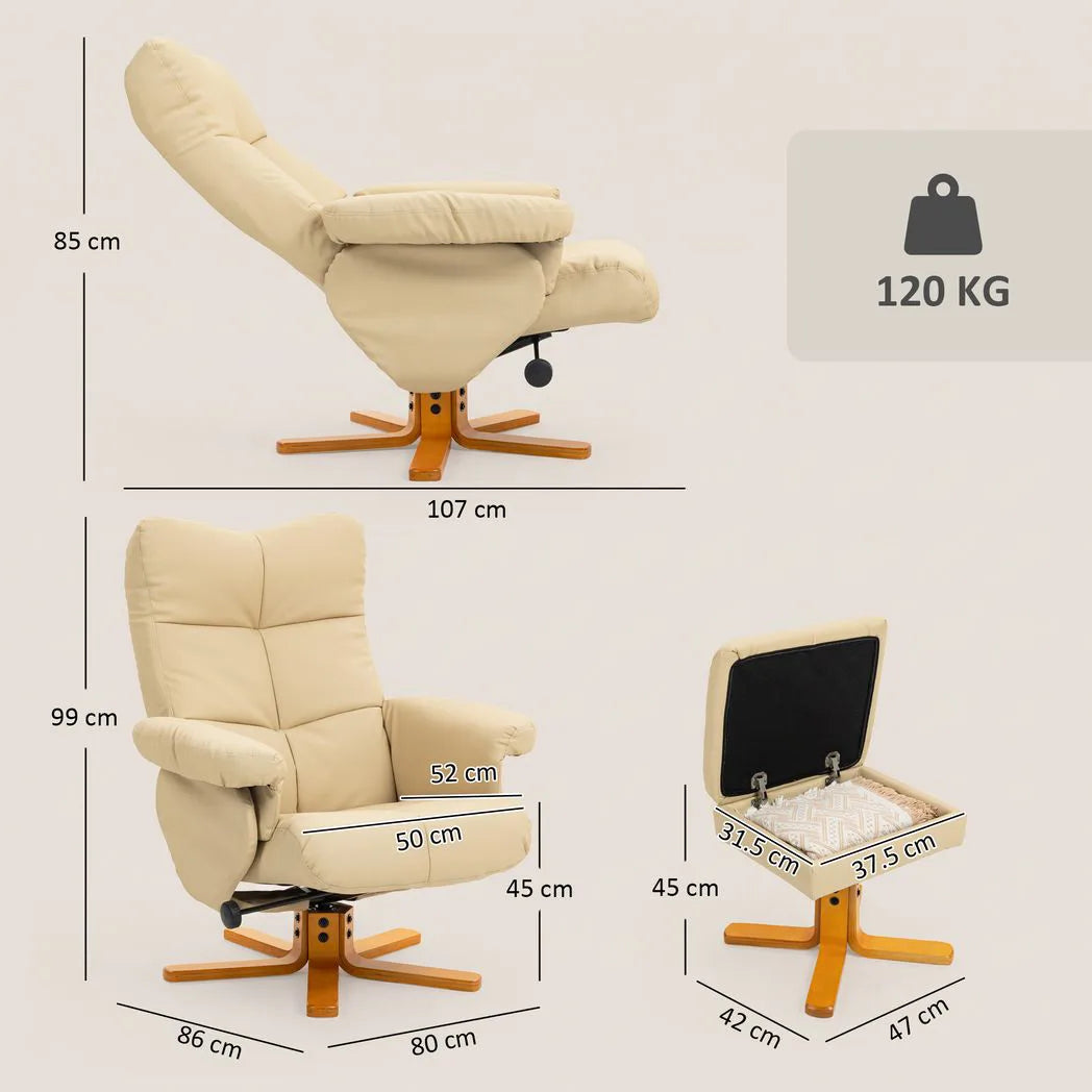 HOMCOM PU Leather Swivel Recliner Chair with Storage Footstool and Wooden Base – Living Room Armchair, Beige