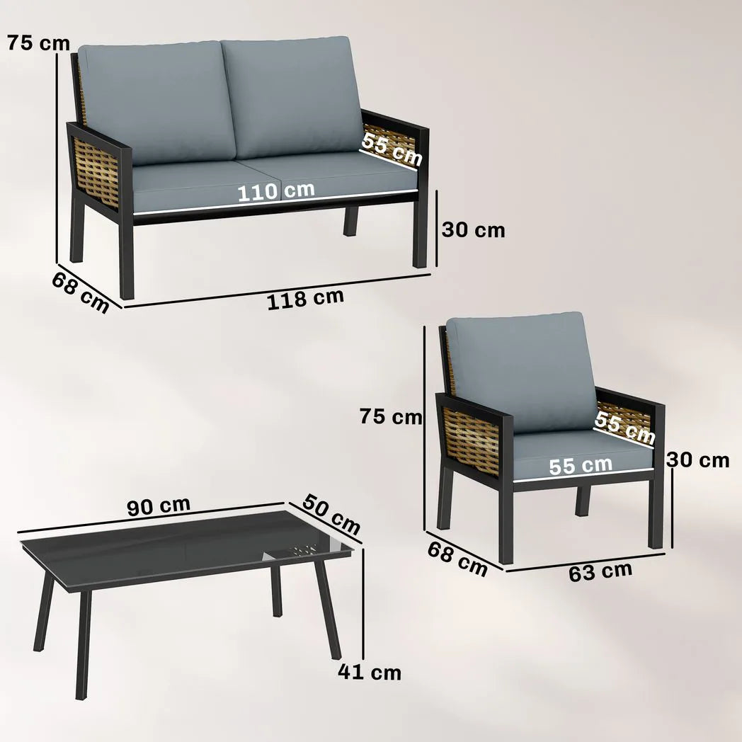 Outsunny 4-Seater Rattan Garden Furniture Set with 2 Armchairs, Loveseat & Coffee Table – Cushioned, Grey