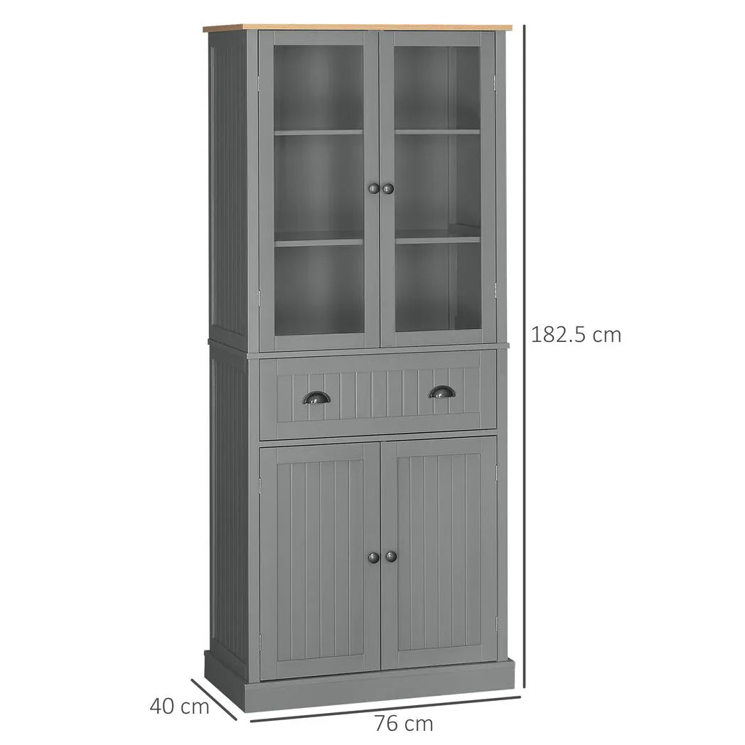 HOMCOM 180cm Tall Kitchen Pantry Cupboard with Glass Doors, 5 Tiers, Adjustable Shelves & Drawer – Freestanding Storage Cabinet, Grey