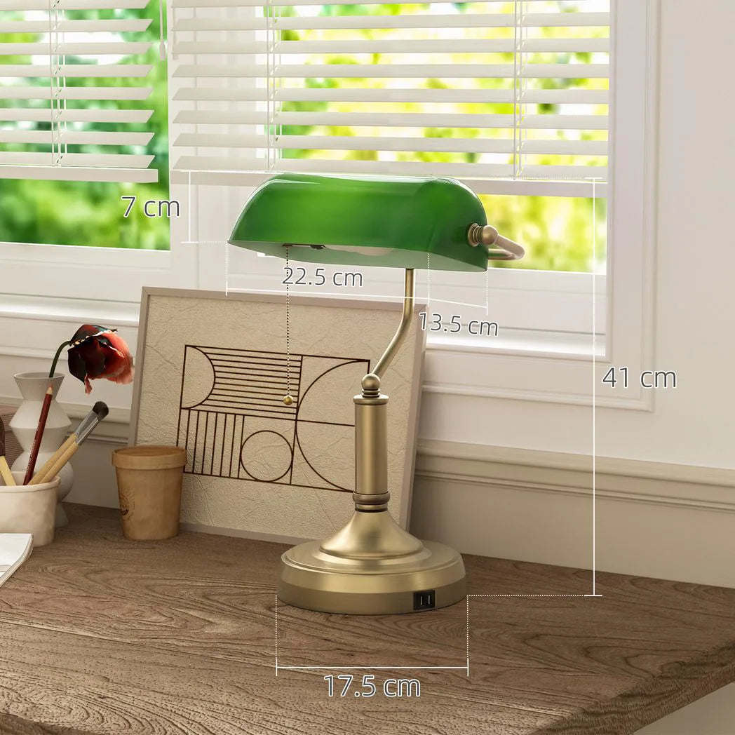 HOMCOM Banker's Desk Lamp with USB-A and Type-C Ports, Pull Rope Switch – Bronze-Tone Base, Green Shade