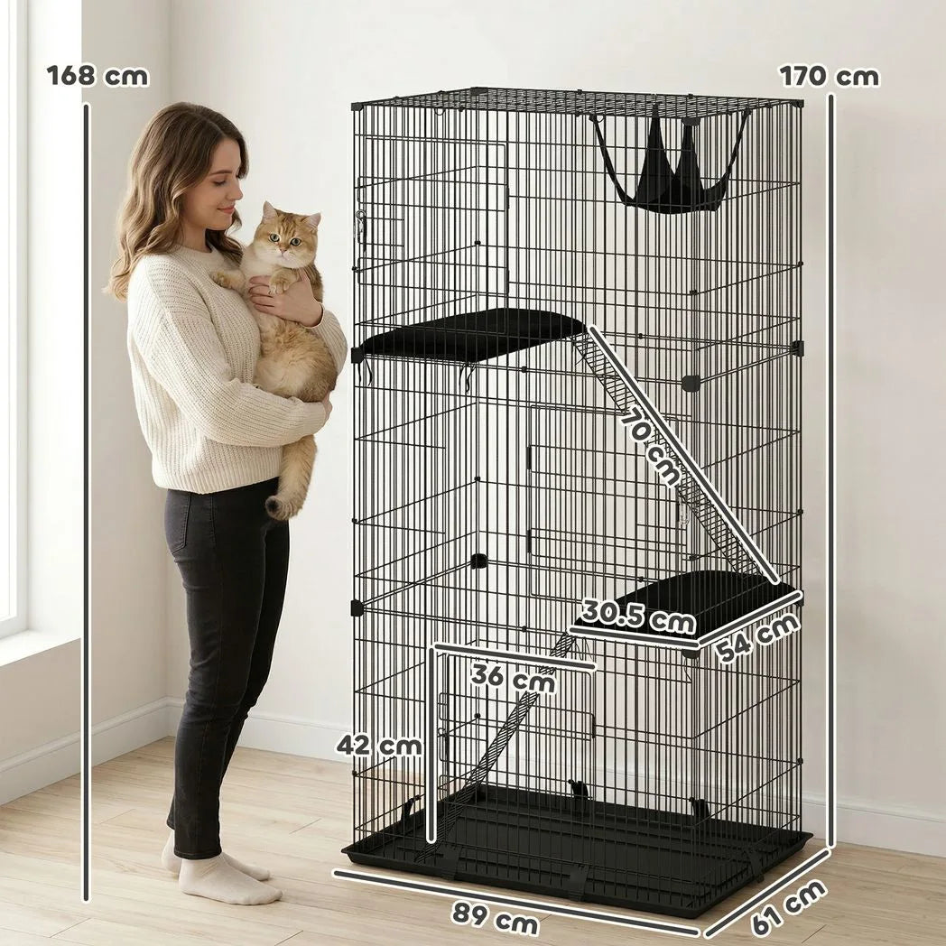 PawHut 3-Tier Large Cat Cage with Hammock, Platforms, Tray and Cushions – Detachable Metal Kennel for 1–2 Cats