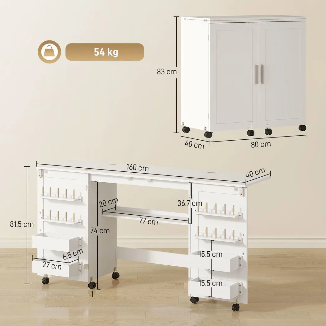 HOMCOM Folding Sewing Table with 2 Magnetic Doors and Lockable Wheels – Craft Cabinet, White