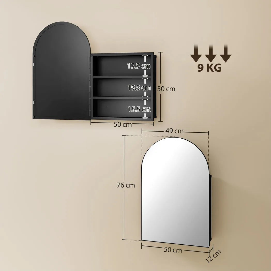 HOMCOM Arched Bathroom Mirror Cabinet with Storage Shelves – Wall Mounted, 180° Door, Black