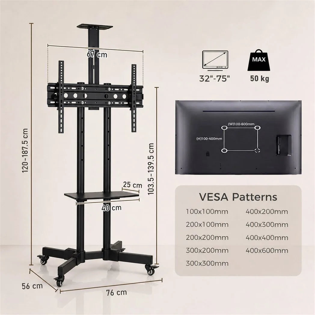 HOMCOM Mobile TV Stand on Wheels for 32–75 Inch Screens – Tilt, Height Adjustable Rolling TV Cart, Black