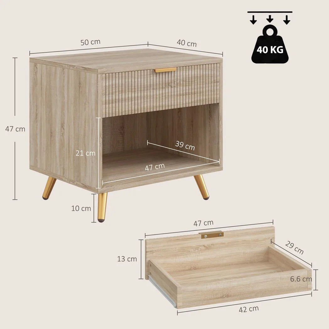 HOMCOM Bedside Table with Drawer and Open Compartment – Bedroom Nightstand, Natural Wood Finish