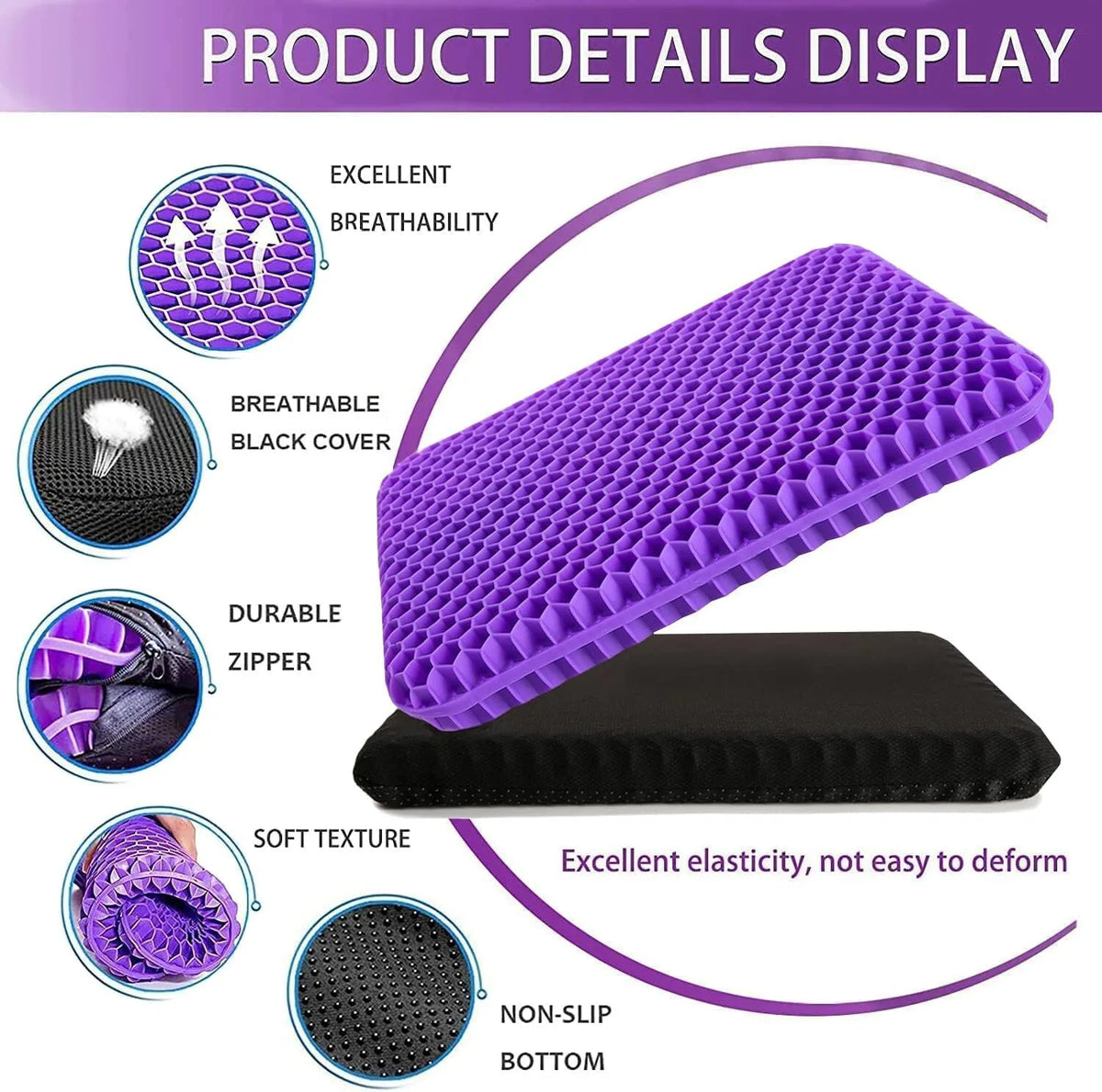 Orthopaedic Honeycomb Gel Seat Cushion, 3.5cm Extra Thick with Non-Slip Cover – Office, Car, Wheelchair, Purple