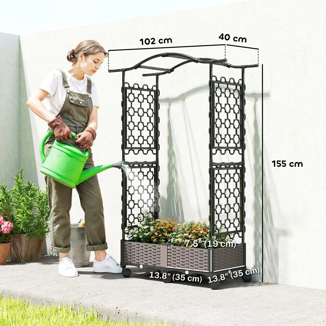 Outsunny Mobile Raised Garden Bed with Arch Trellis – Self-Watering 2 x 24L Planter Boxes on Wheels