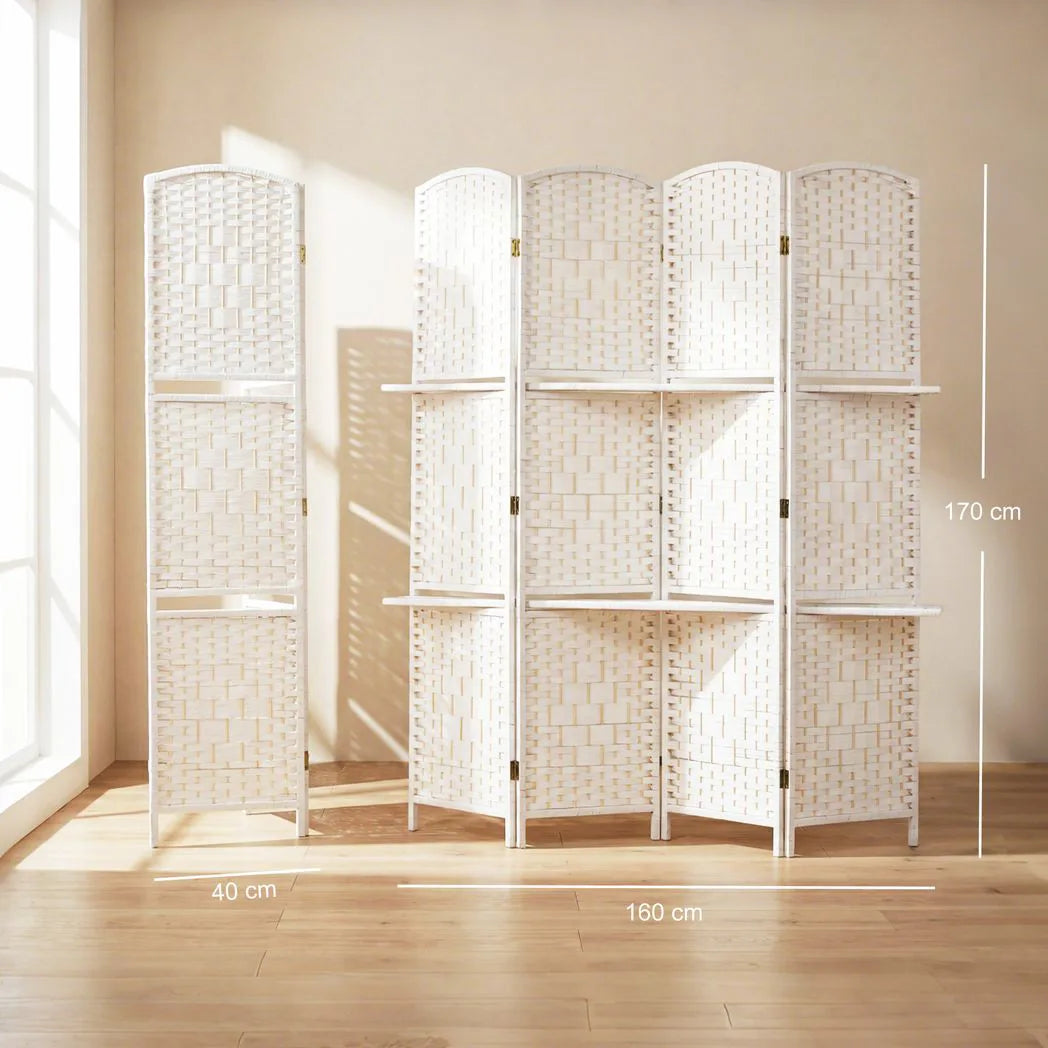 HOMCOM 4 Panel Folding Room Divider with Two Shelves & Arched Top – Freestanding Privacy Screen, 160 x 170cm, White