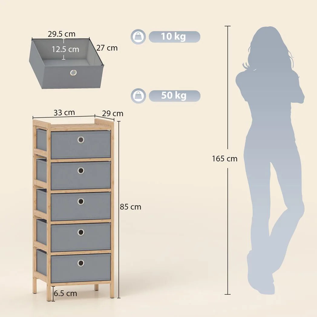 HOMCOM 5-Drawer Narrow Chest of Drawers with Fabric Drawers & Bamboo Frame – Slim Storage, Light Grey