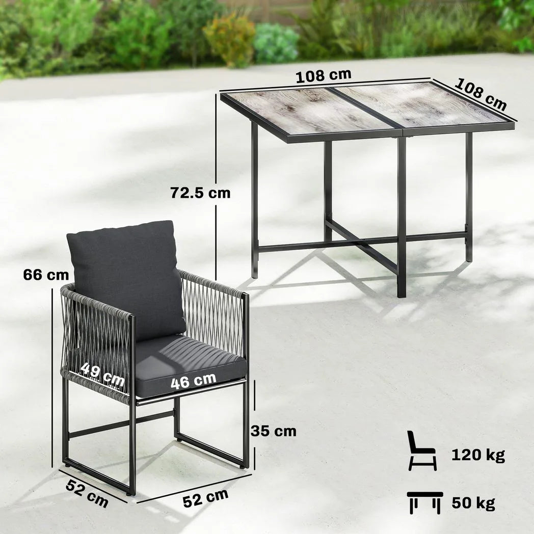 Outsunny 4-Seater Rattan Garden Dining Set – 108cm Wood-Effect Table and Space-Saving Chairs with Thick Cushions, Black