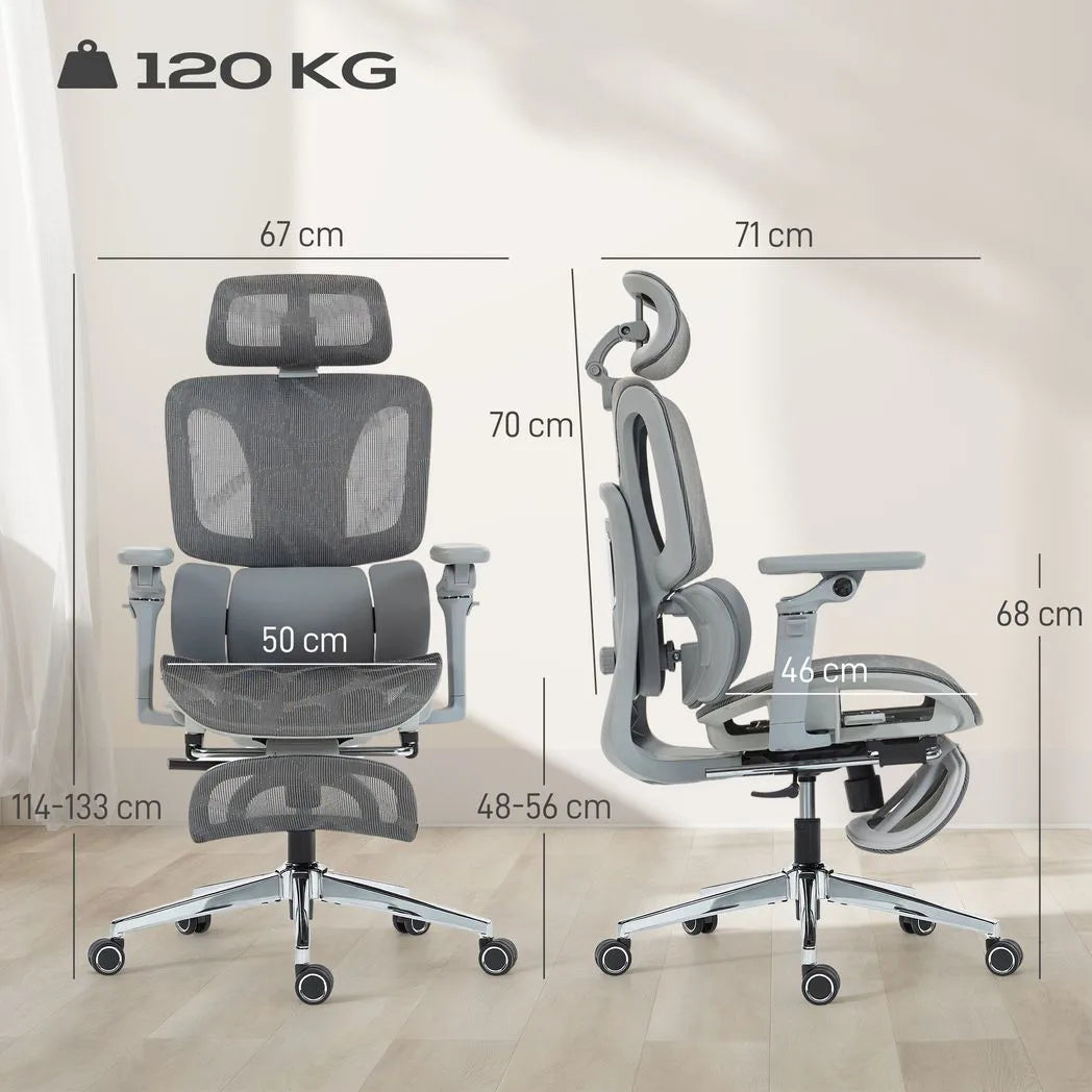 HOMCOM Ergonomic High Back Mesh Office Chair with 6D Armrests and 135° Recline – Footrest Desk Chair, Grey