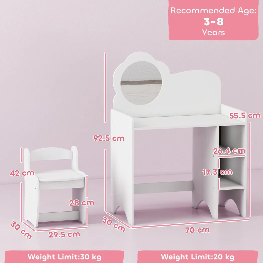 AIYAPLAY Kids Dressing Table with Mirror and Stool – 2-in-1 Vanity Table with Shelves for Ages 3-8, White