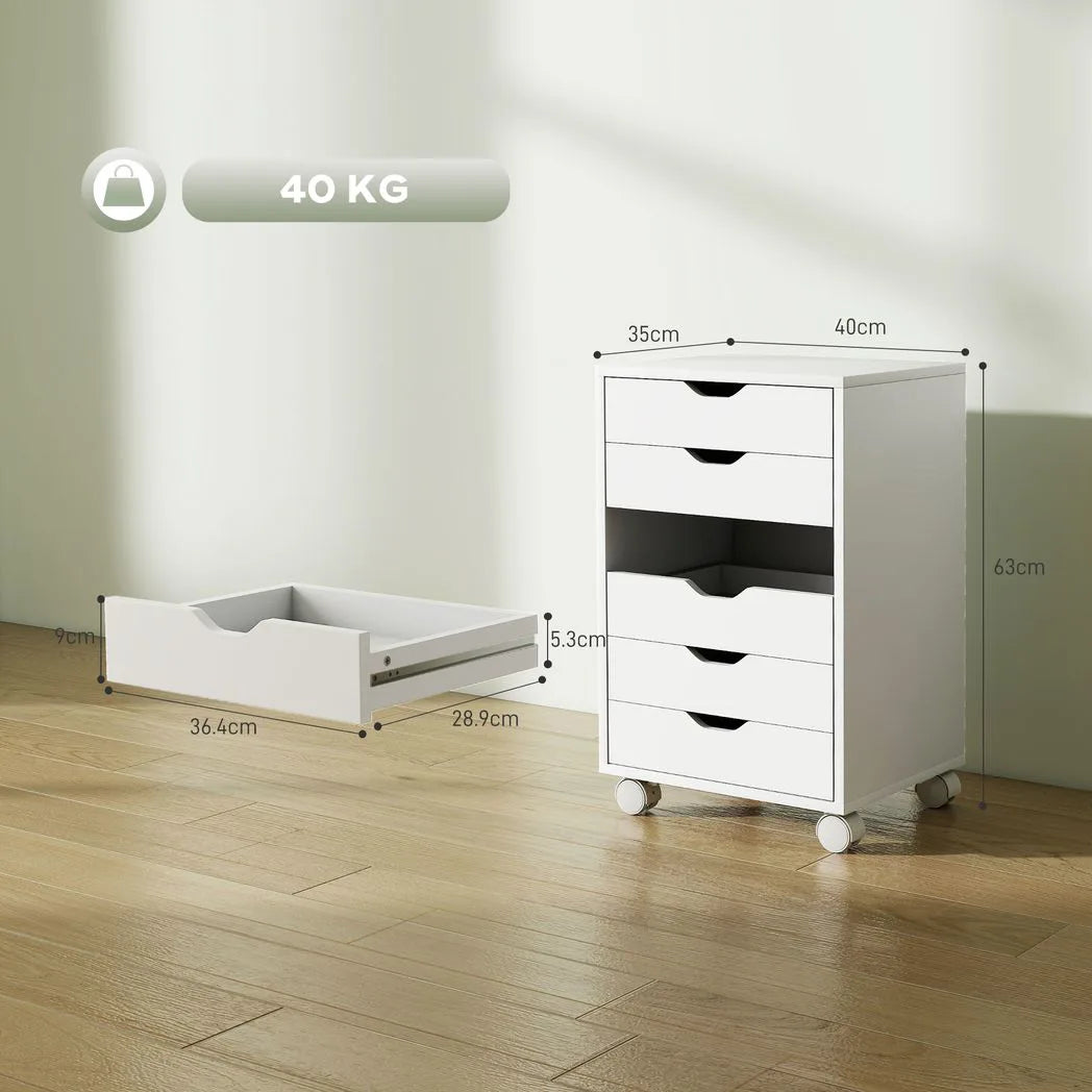 HOMCOM 6-Drawer Vertical File Cabinet with Quiet Runners & Lockable Wheels – Mobile Under Desk Storage, White