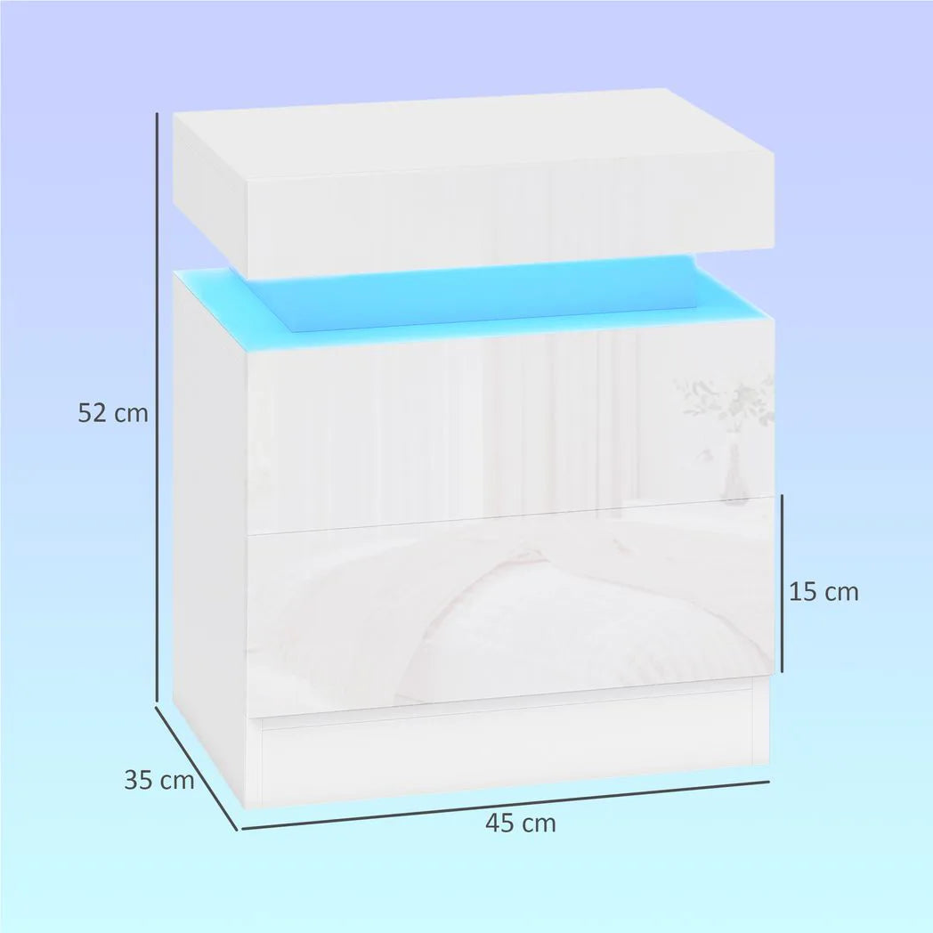 HOMCOM Set of 2 White Bedside Tables with LED Light and 2 Drawers – High Gloss Nightstands for Bedroom