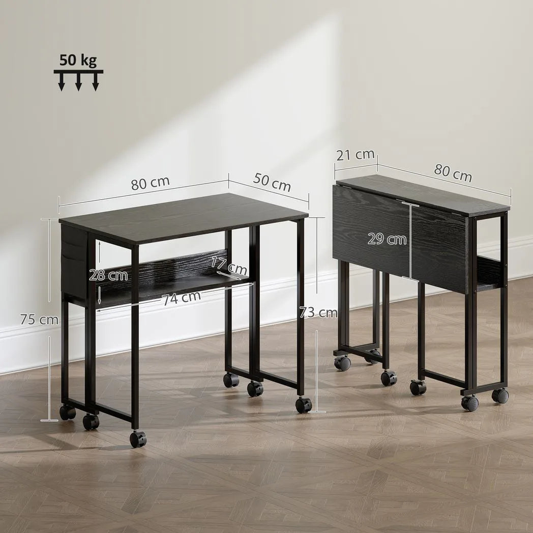 HOMCOM 80cm Drop Leaf Writing Desk with Wheels and Lower Shelf – Foldable Work Table, Black