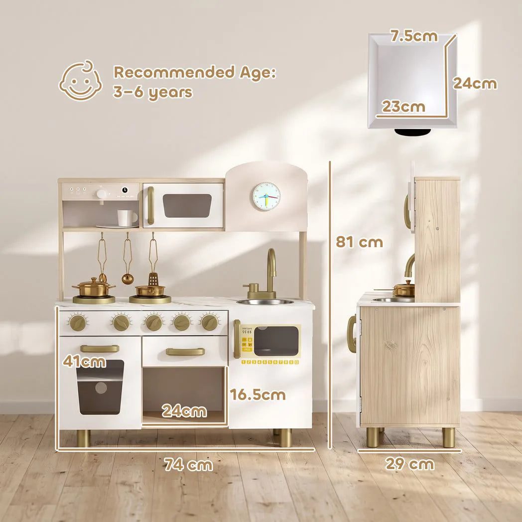 AIYAPLAY Play Kitchen with Rotating Coffee Machine, Stove and Storage Shelf – Kids Playset, Ages 3-6, White