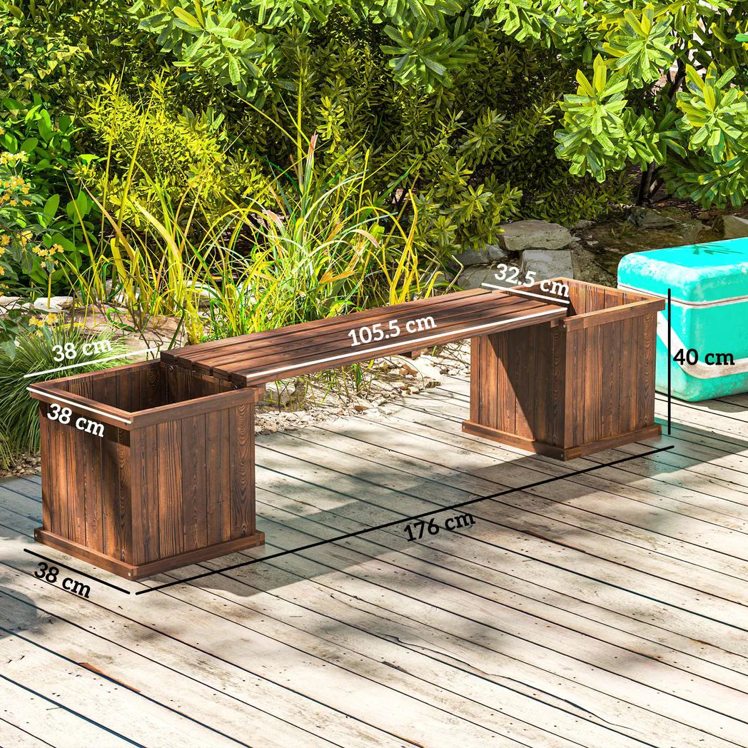 Outsunny Wooden Planter & Bench Combination with Raised Beds, Carbonised Finish – Patio Seating, 176cm