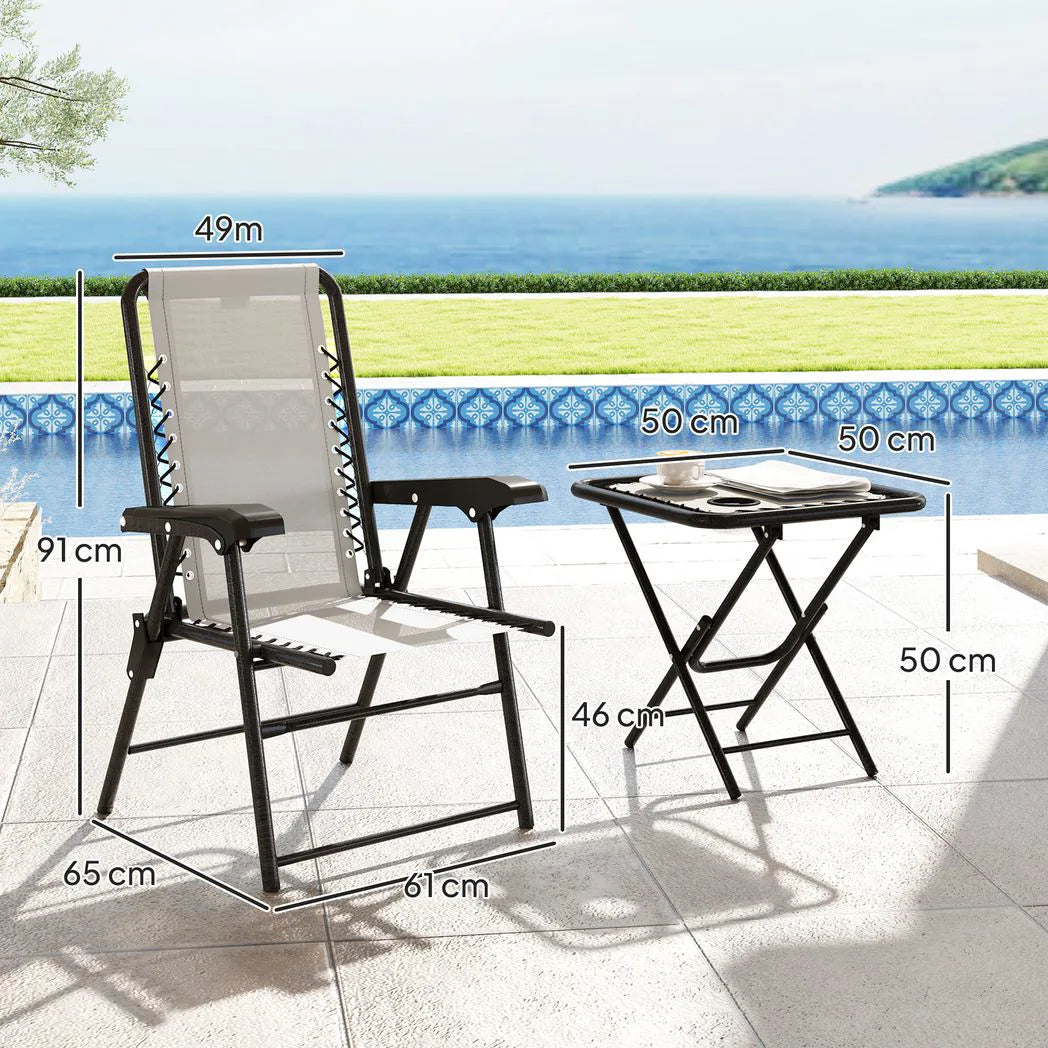 Outsunny Three-Piece Folding Garden Bistro Set with Two Armchairs and Mesh-Top Table – Patio Furniture, Cream White