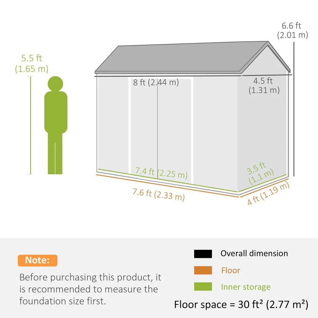 Outsunny 8 x 4 ft Plastic Garden Shed with Floor, Windows, Vents and Lockable Doors – Outdoor Storage, Light Grey