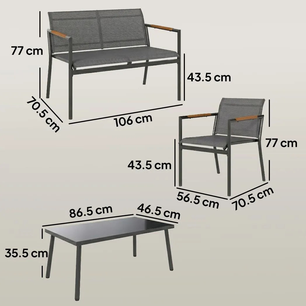 Outsunny 4 Seater Metal Garden Sofa Set – Loveseat, Two Armchairs and Coffee Table with Breathable Mesh Seats, Grey