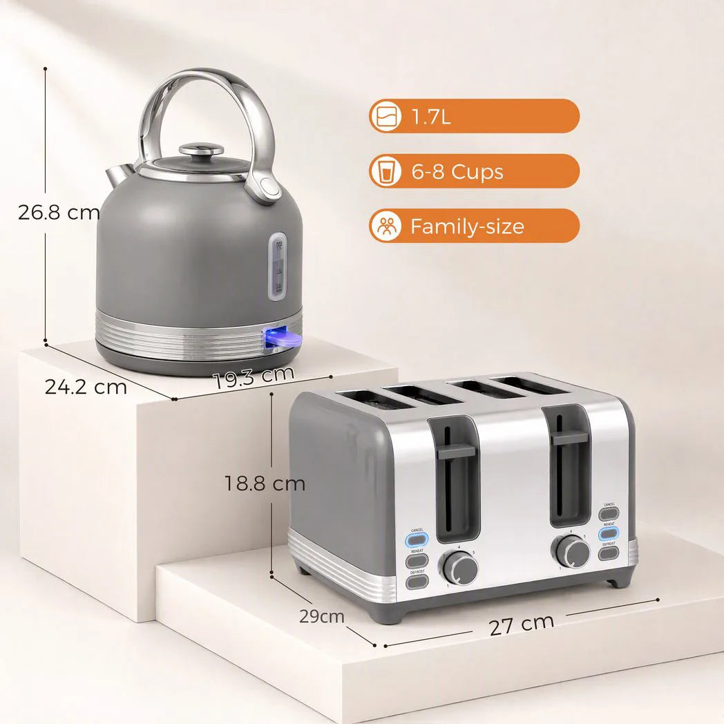 HOMCOM 1.7L 3000W Stainless Steel Kettle and 4-Slice Toaster Set with 7 Browning Levels – Cordless Fast Boil, Grey