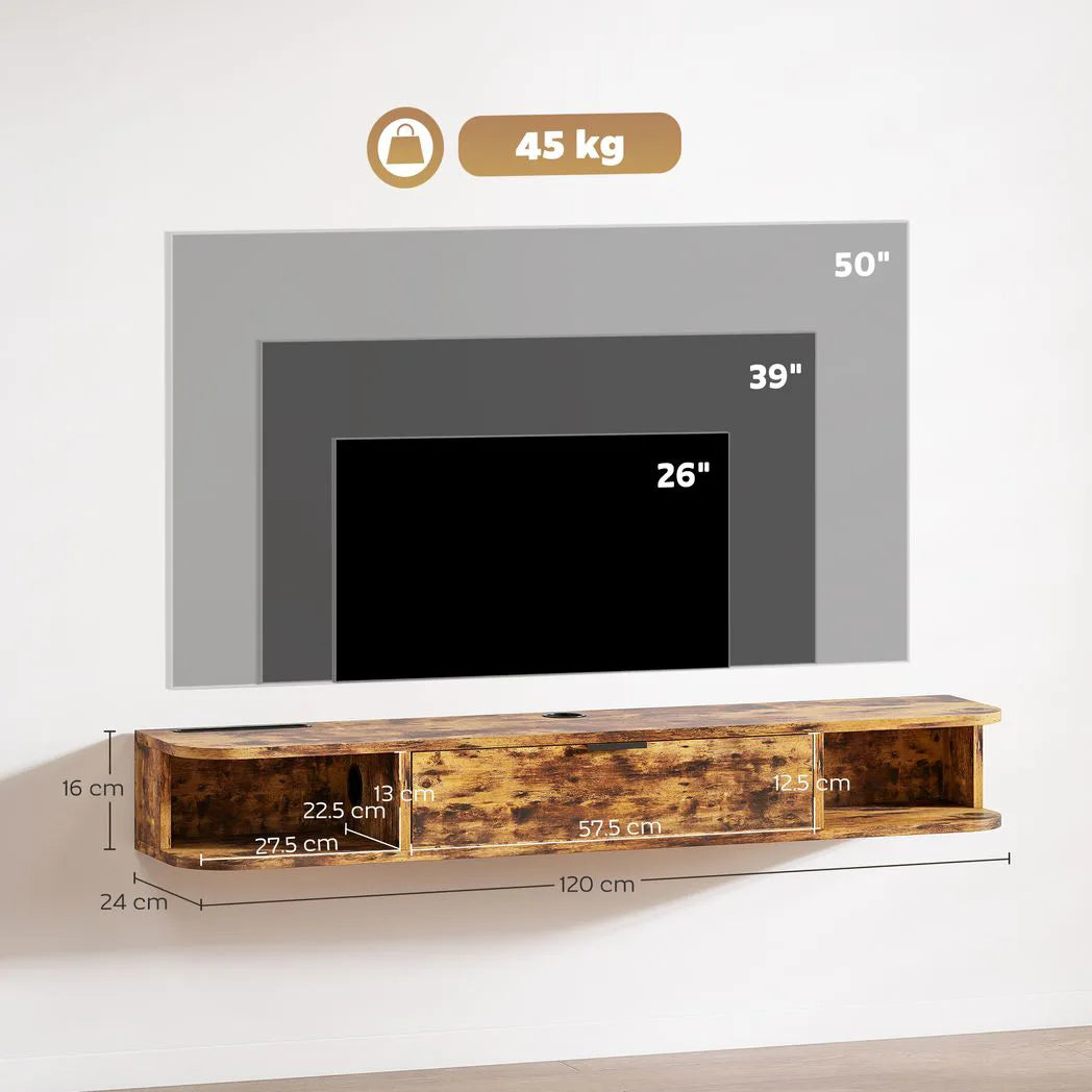 HOMCOM 120 cm Floating TV Unit for TVs up to 50 Inch with Flip Drawer and Open Shelves – Rustic Brown