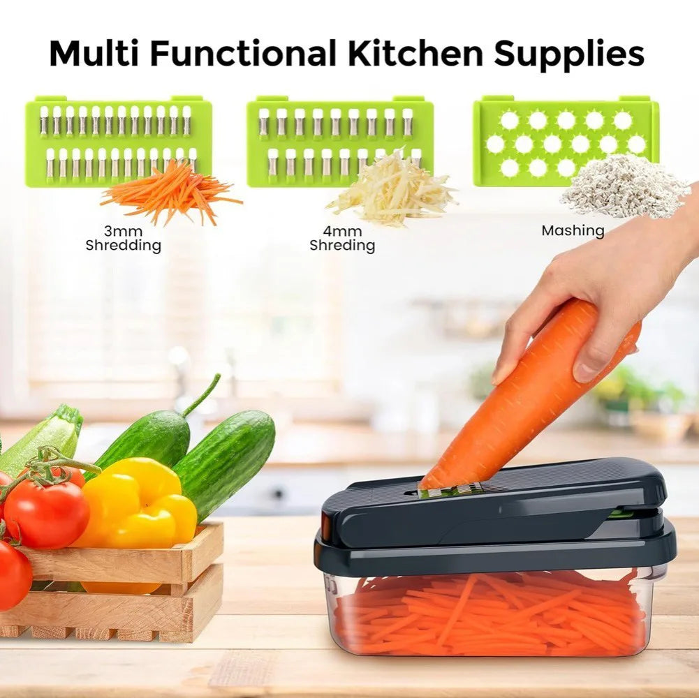 16-in-1 Vegetable Chopper with 8 Interchangeable Blades and 1.5L Container – Salad Slicer, Dicer and Grater Set