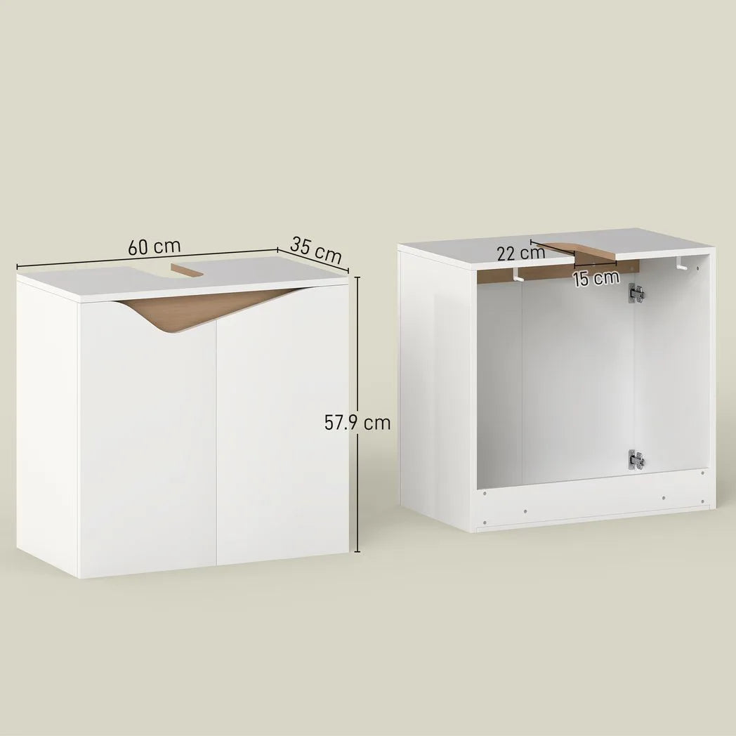 HOMCOM Under Sink Bathroom Cabinet with Soft-Close Doors – U-Shaped Cut-Out for Wall-Mounted Basins, White