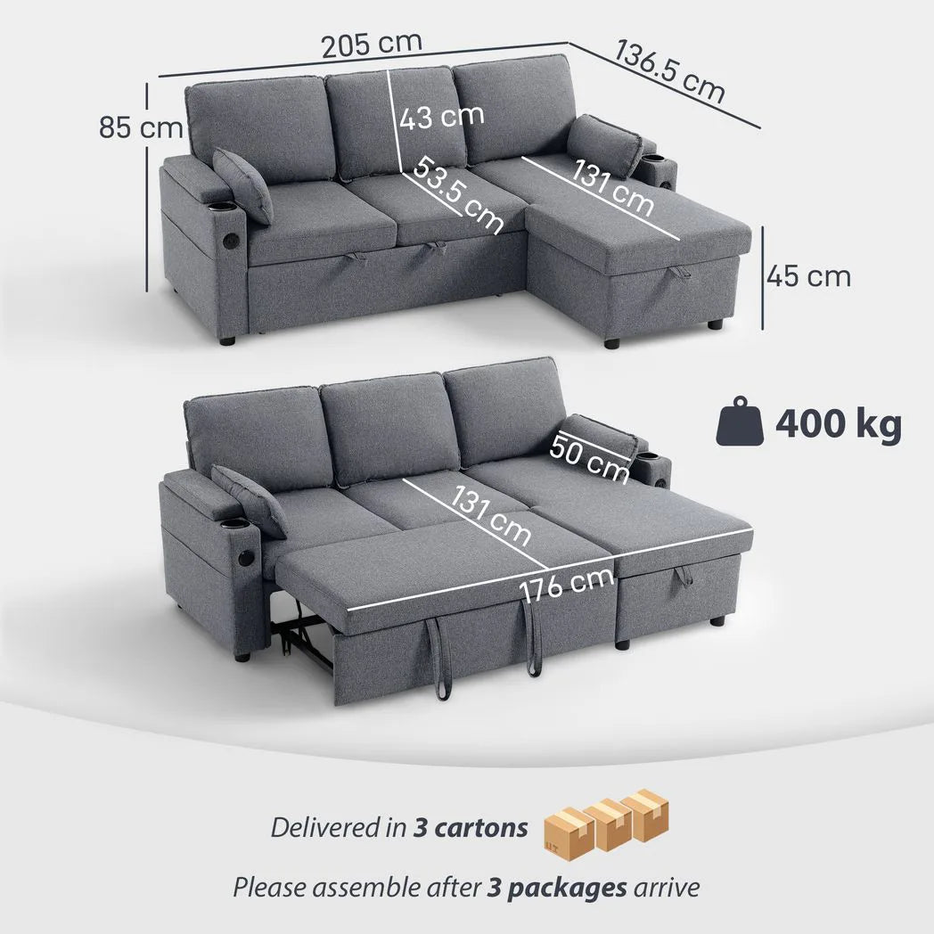 HOMCOM Corner Sofa Bed with Reversible Storage Chaise, Pocket Springs and USB Charging – L Shaped, Grey