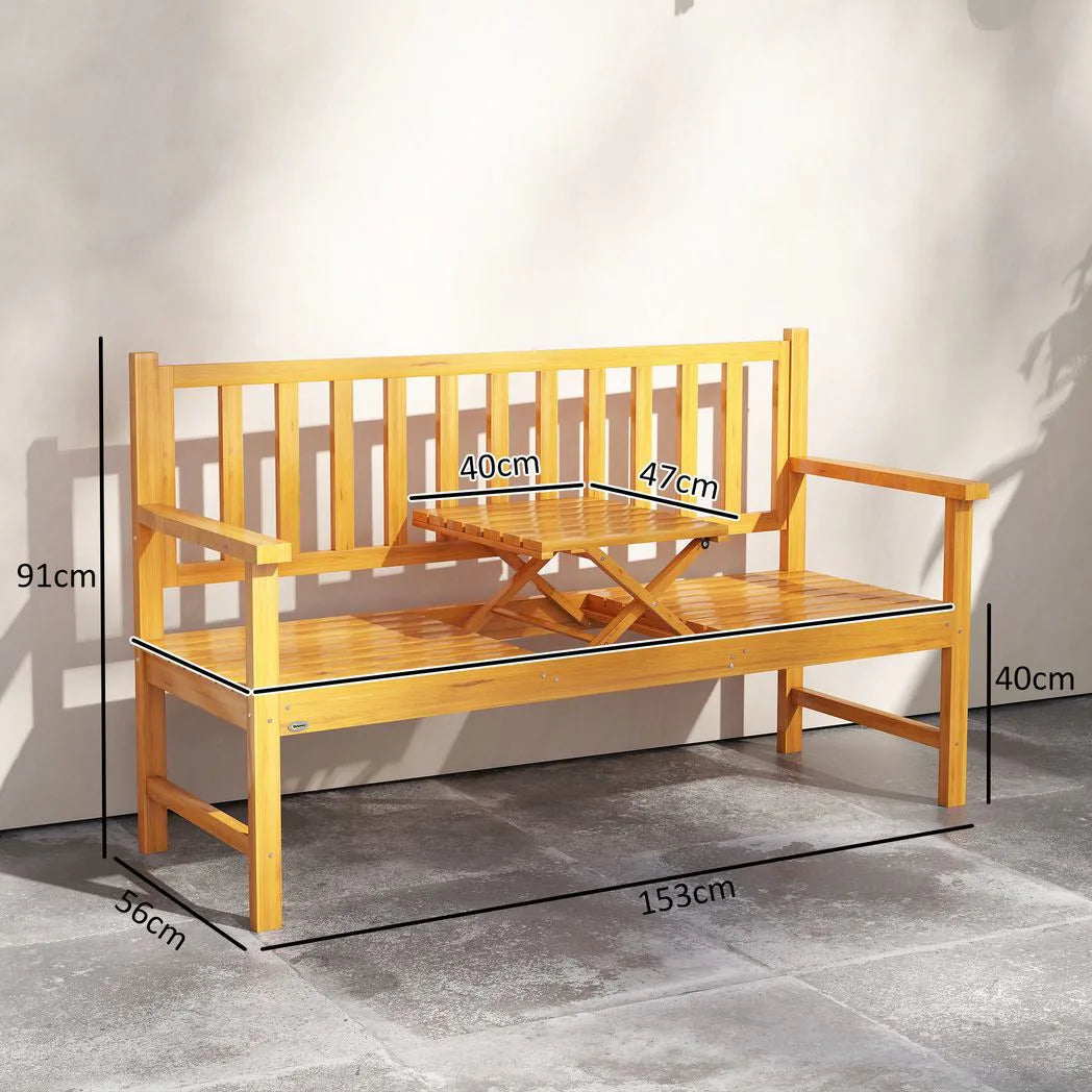 Outsunny Wooden Garden Bench with Liftable Middle Table – 2-3 Seater Pine Patio Loveseat for Porch and Garden, Light Brown