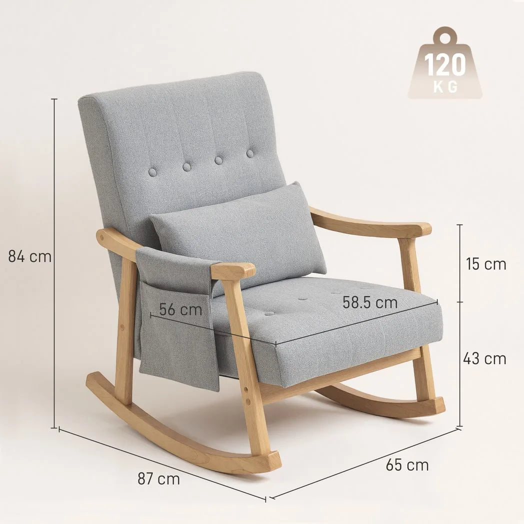 HOMCOM Wood Frame Rocking Accent Chair with 35° Rocking Base, Thick Padding and Side Pocket – Light Grey
