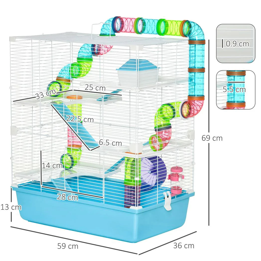 PawHut Hamster Cage with Water Bottle, Exercise Wheel, Play Tubes & Ramps – Small Animal Habitat, Light Blue