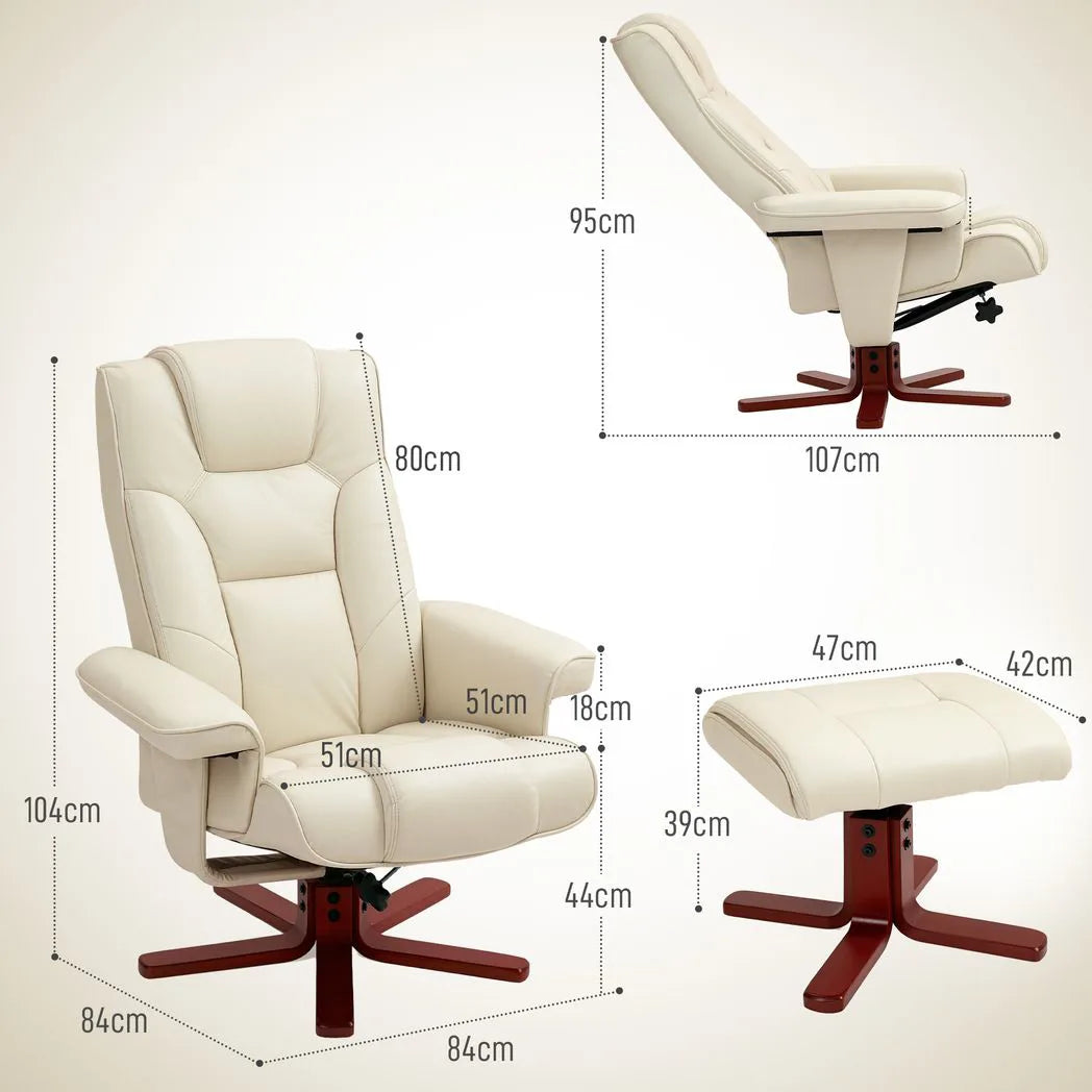 HOMCOM Faux Leather Manual Recliner Armchair and Footstool Set with Rocking Motion – Cream White