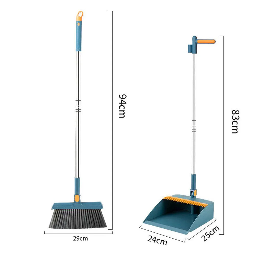 Long Handled Dustpan and Brush Set with Stainless Steel Handle, Upright Broom and Dustpan, Blue