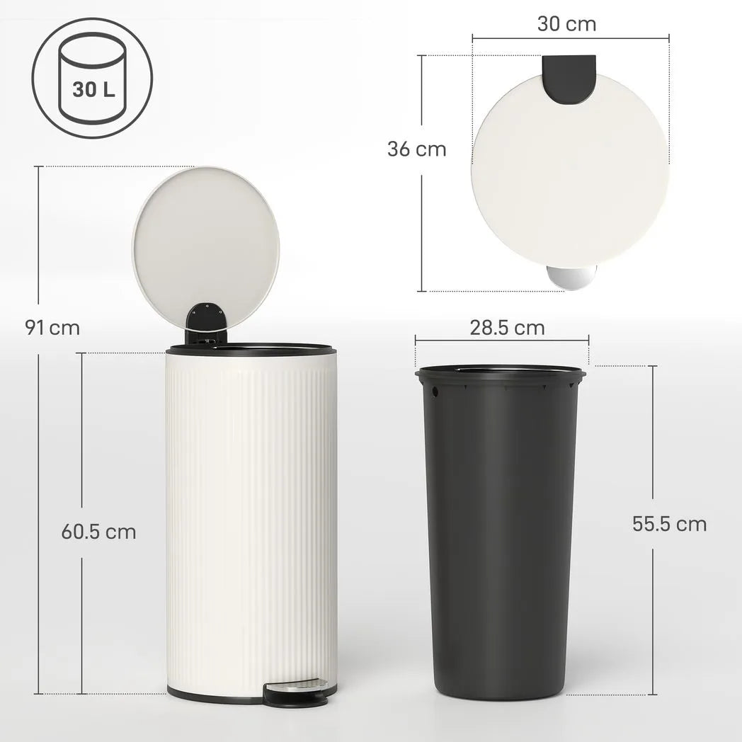 HOMCOM 30L Kitchen Pedal Bin with Soft-Close Lid and Removable Inner Bucket – Fingerprint-Resistant, Cream